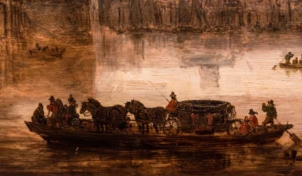 Een grote veerboot met een koets met vier paarden (Nijmegen), detail