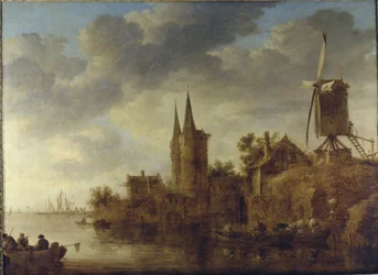 Een rivierlandschap met een capriccio van de Oostpoort, Delft, c.1644