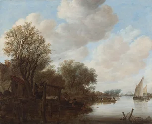 Een rivierlandschap met figuren naast een sluis, een veerboot erachter en een kerktoren in de verte