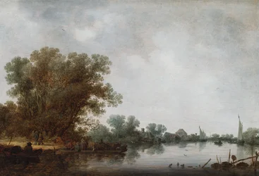 Een rivierscène met een veerboot die aan de linkeroever vertrekt