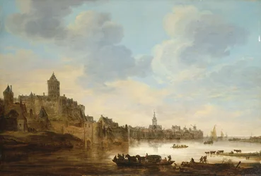 Een Stad aan de Oever van een Rivier, met een Veerboot, 1648