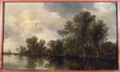 Een bebost rivierlandschap, met boeren in een roeiboot bij een huisje en een veerboot, een zeilboot in de verte, 1633