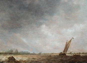 Een estuariumscène met scheepvaart in woelig water (olieverf op paneel)
