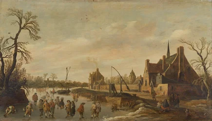 Bevroren Rivierlandschap met Schaatsers