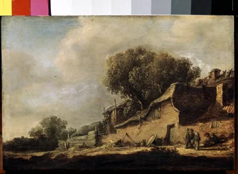Landschap met een boerenhuisje en een eik