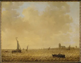 Zeegezicht. Gezicht op Dordrechtin de achtergrond (olieverf op doek)