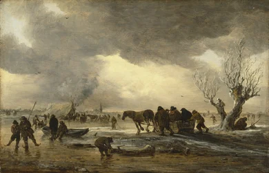 Winterscène met een slee op de voorgrond en figuren die zich rond een tent op het ijs verzamelen