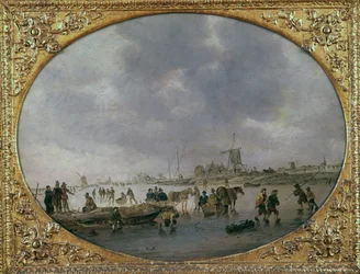Winters tafereel met figuren op een bevroren meer (olieverf op paneel)