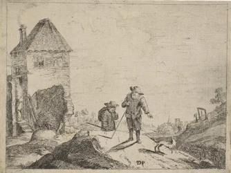Twee boeren met een hond op een landweg