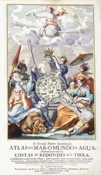 Allegorische titelpagina, uit "El Grande Nuevo Aumentado Atlas de la Mar", 1680
