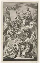 Allegorische vrouwenfiguur beschrijft in de wolken een paneel