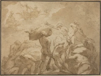 Strijd van de Goden en de Giganten van de berg Olympus en de berg Othrys (pen en bruine inkt met bruin gewassen op gelakt papier)