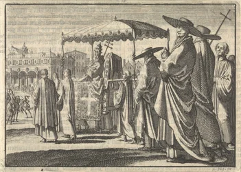 Christiaan IV, koning van Denemarken, als paus verkleed, bootst met zijn hovelingen een processie na, 1596
