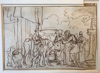 De stier wordt gepresenteerd voor de zondeoffering, Aäron en zijn zonen leggen hun handen op zijn kop (Lev. 8,14)
