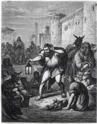 Esop en Christus: de Griekse schrijver Esop (Esop of Esopus, 6e eeuw v.Chr.), met een lantaarn in zijn hand, loopt tussen personages met dierenhoofden op zoek naar "een man". Achter hem zien we Jezus Christus. Illustratie geïnspireerd door de fabel "Esope 