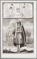 Joodse man, gekleed voor gebed. Op de achtergrond de Portugese Synagoge van Amsterdam