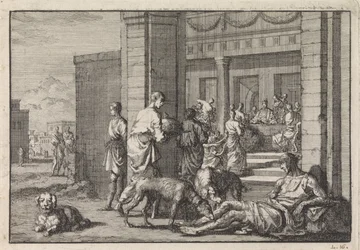 Lazarus bedelt aan de feestdis van de rijke man