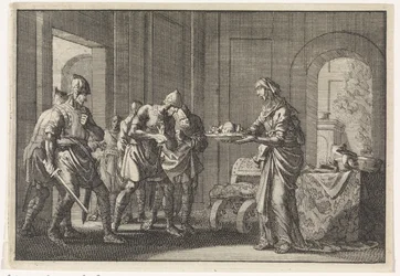 Moeder toont krijgers de resten van haar opgegeten kind tijdens de hongersnood in Jeruzalem, 1704