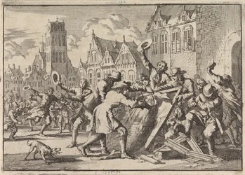 Oproer te Dordrecht waarbij een afbeelding van Cornelis de Witt door het volk wordt vernield, 1672