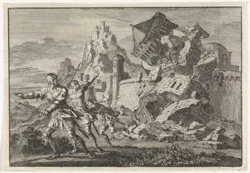Romeinse soldaten hebben een toren op de muur van Gamala door ondergraving doen instorten
