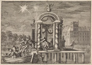 Vluchtende pyrotechnici bij een grote versiering op de Vijverberg te Den Haag ter ere van de geboorte van de zoon van koning Jacobus II, 1688