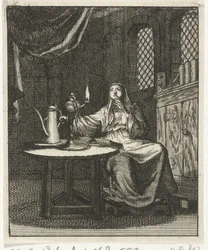 Vrouw aanschouwt de vlam van een olielamp