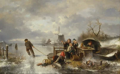 Kinderen spelen op een bevroren meer in een winterlandschap