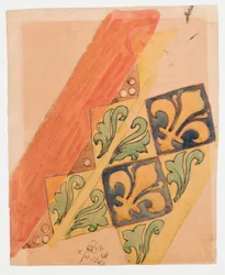 Carton voor de polychromie van de Mariabasiliek - Fries met een motief van gestileerde bladeren en lelies in vierkante velden