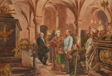 Pools: keizer voor de sarcofaag van koning Jan III Sobieski in de crypte van St. Leonard in de Wawel kathedraal