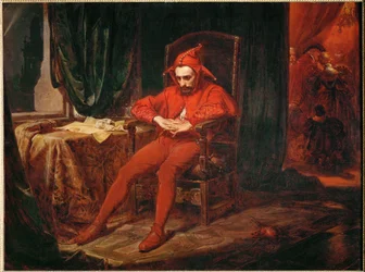 De hofnar Stanczyk ontvangt het nieuws van het verlies van Smolensk, tijdens een bal aan het hof van koningin Bona (schilderij op doek)