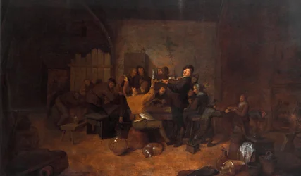 Boeren in een herberg Een vrolijk Nederlands gezelschap drinkt en zingt in een taverne. Schilderij door Jan Miense Molenaer (ca. 1610-1668) 17e eeuw Galleria degli Uffizi, Florence, Italië
