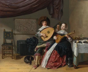 HET DUET:  EEN ZELFPORTRET VAN DE KUNSTENAAR MET ZIJN VROUW, JUDITH LEYSTER, WAARSCHIJNLIJK HUN HUWELIJKSPORTRET