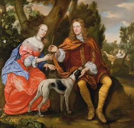 Portret van een heer en zijn vrouw met een pijl in de hand, zittend met hun hond