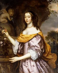 Portret van een Dame, staand driekwart lengte, dragend een Lavendel Zijde Jurk en een Gele Sjaal