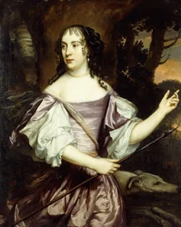 Portret van een dame, staand driekwart lengte, gekleed in een lavendel en witte satijnen jurk
