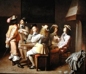 Een Wachtkamer met Soldaten die Kaarten Spelen en Roken aan een Tafel