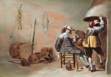 Het interieur van een wachtkamer met cavaliers naast een vuur (olieverf op paneel)