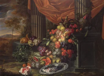 Stilleven van fruit in een landschap