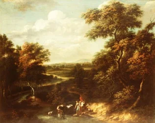 Een uitgestrekt bebost landschap met een herder en een boerenmeisje
