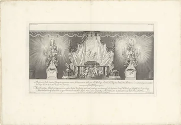 Achterzijde van de zaal met het praalbed van prins Willem IV, 1751