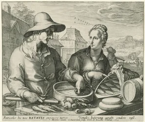 Boer en een boerin bij een marktkraam