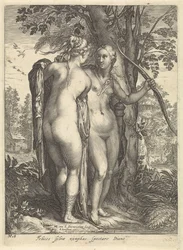 Diana en een nimf voor een boom
