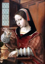 Duits: Die Goldwägerin Vrouw die goud weegt
 Alternatieve titel(s):  
Woman Holding a Balance