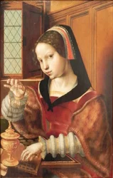 Duits: Die Goldwägerin Vrouw die goud weegt
 Alternatieve titel(s):  
Woman Holding a Balance