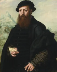 Portret van een bebaarde man, 34 jaar, voor een weids landschap