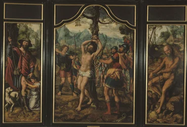Drieluik van het martelaarschap van Sint Sebastiaan (middenpaneel): Sint Rochus (linkerpaneel), Sint Onuphre (rechterpaneel), Sint Petrus (achterkant rechterpaneel), Sint Stefanus (achterkant linkerpaneel), tussen 1525 en 1566