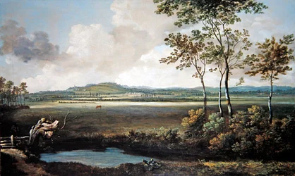Een Uitgestrekt Landschap met een Stroom en Grazende Paarden