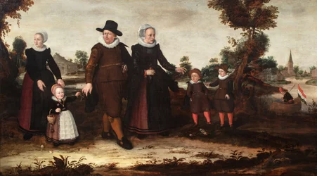 Een groepsportret van de schilder Jan Siewertz Kolm, zijn vrouw Fijtge Lindemans, hun kinderen Anna Jansdr., Siewert Jansz. en Hans Jansz. met een dienstmeisje