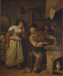 Een goudsmid die de sieraden van een vrouw omsmelt in aanwezigheid van een notaris: „De alchemist“