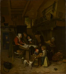 Een scène in een boerenkeuken met een bediende die het laken legt